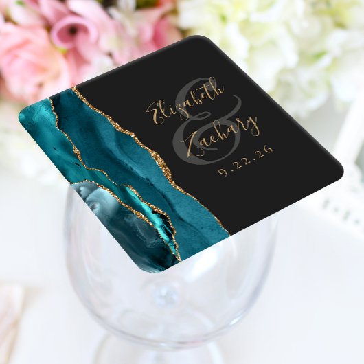 Agate Geode Script Aquamarin Gold Dark Wedding Rechteckiger Pappuntersetzer