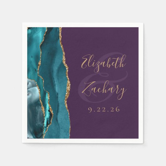 Agate Geode Script Aquamarin Gold Lila Hochzeit Serviette (Vorderseite)