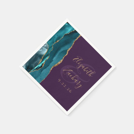 Agate Geode Script Aquamarin Gold Lila Hochzeit Serviette (Ecke)