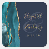Agate Geode Script Aquamarin Gold Navy Blue Weddin Quadratischer Aufkleber (Vorderseite)