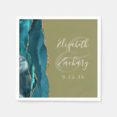 Agate Geode Script Aquamarin Gold Olive Green Wedd Serviette (Vorderseite)