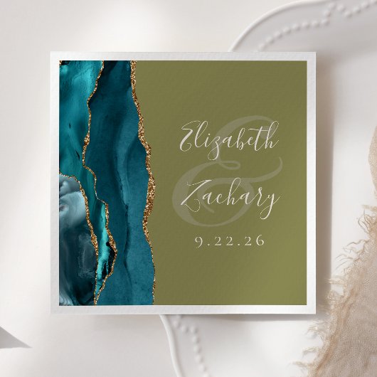 Agate Geode Script Aquamarin Gold Olive Green Wedd Serviette