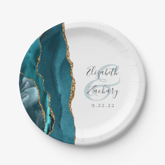 Agate Geode Script Aquamarin Gold Wedding Pappteller (Vorderseite)