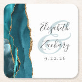 Agate Geode Script Aquamarin Gold Wedding Rechteckiger Pappuntersetzer (Vorderseite)