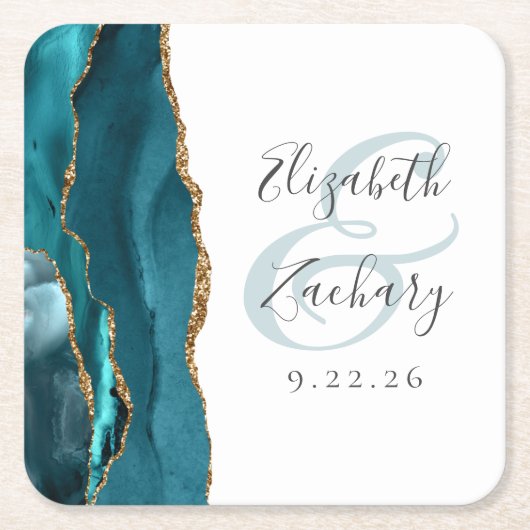 Agate Geode Script Aquamarin Gold Wedding Rechteckiger Pappuntersetzer (Vorderseite)