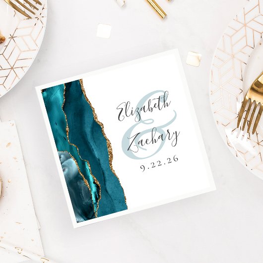 Agate Geode Script Aquamarin Gold Wedding Serviette