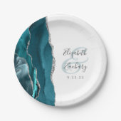 Agate Geode Script Aquamarin Silver Wedding Pappteller (Vorderseite)