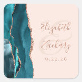 Agate Geode Script Aquamarine Rose Gold Blush Hoch Quadratischer Aufkleber (Vorderseite)