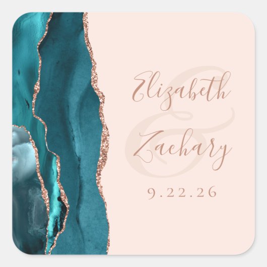 Agate Geode Script Aquamarine Rose Gold Blush Hoch Quadratischer Aufkleber (Vorderseite)