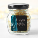 Agate Geode Script Aquamarine Rose Gold Dunkle Hoc Quadratischer Aufkleber<br><div class="desc">Dieser elegante,  moderne Hochzeitsaufkleber besticht durch eine aquamarine blaue Aquarellfarbe in einem Geodedesign mit Imitaten Rose Gold Glitzer. Pink-Rose auf schwarzem Hintergrund leicht anpassen,  mit den Namen der Braut und des Bräutigams in handgeschriebener Kalligrafie über einen großen grauen Ampersand.</div>
