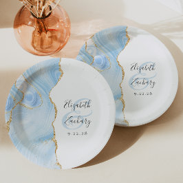 Agate Geode Script Baby Blue Gold Wedding Pappteller