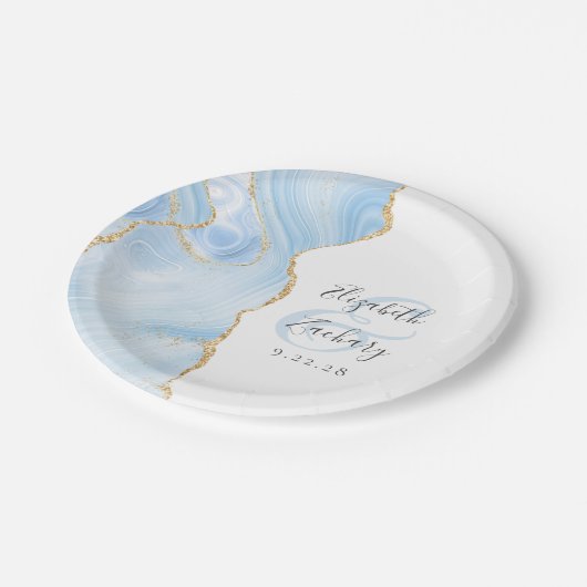 Agate Geode Script Baby Blue Gold Wedding Pappteller (Schrägansicht)