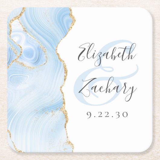 Agate Geode Script Baby Blue Gold Wedding Rechteckiger Pappuntersetzer (Vorderseite)
