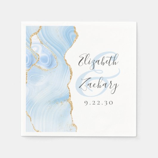 Agate Geode Script Baby Blue Gold Wedding Serviette (Vorderseite)