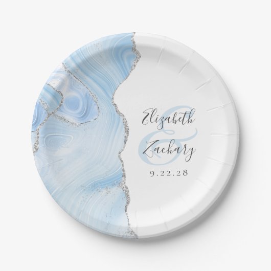 Agate Geode Script Baby Blue Silver Wedding Pappteller (Vorderseite)