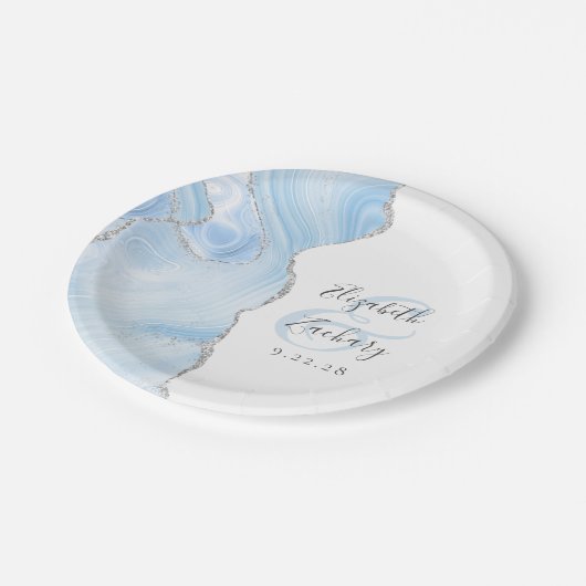 Agate Geode Script Baby Blue Silver Wedding Pappteller (Schrägansicht)
