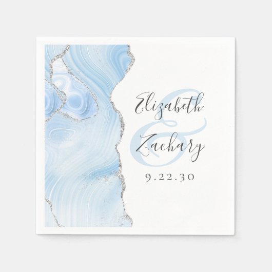Agate Geode Script Baby Blue Silver Wedding Serviette (Vorderseite)