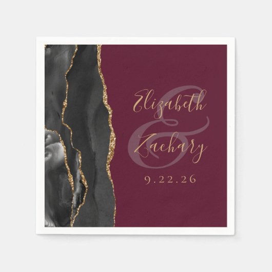 Agate Geode Script Black Gold Burgundy Wedding Serviette (Vorderseite)