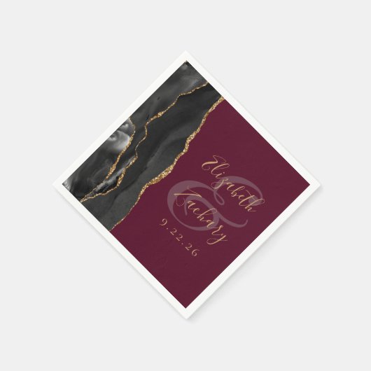 Agate Geode Script Black Gold Burgundy Wedding Serviette (Ecke)