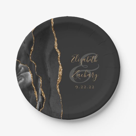 Agate Geode Script Black Gold Dark Pappteller (Vorderseite)
