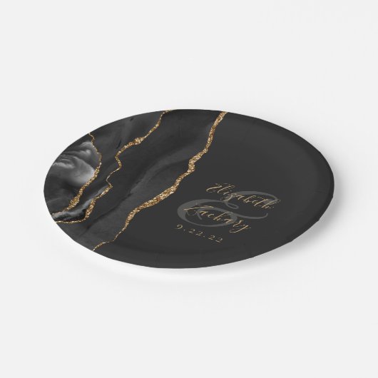 Agate Geode Script Black Gold Dark Pappteller (Schrägansicht)