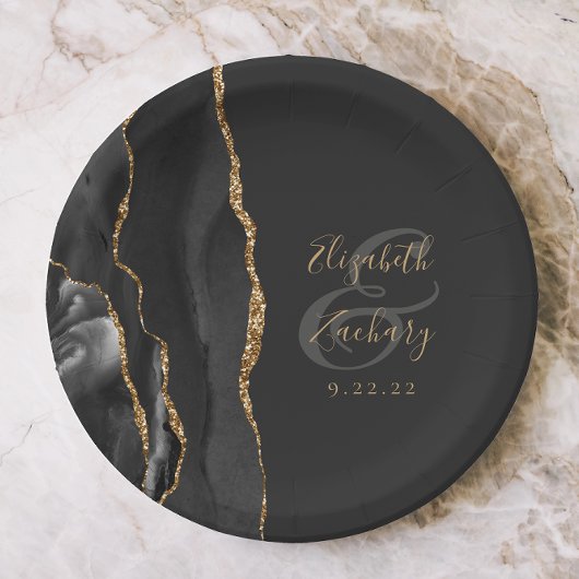 Agate Geode Script Black Gold Dark Pappteller