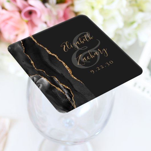 Agate Geode Script Black Gold Dark Wedding Rechteckiger Pappuntersetzer