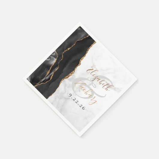 Agate Geode Script Black Gold Marble Wedding Serviette (Ecke)