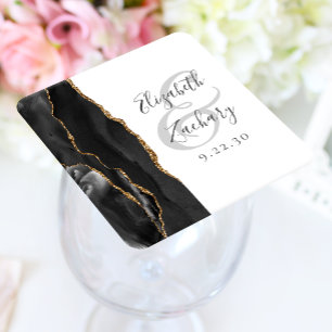 Agate Geode Script Black Gold Wedding Rechteckiger Pappuntersetzer
