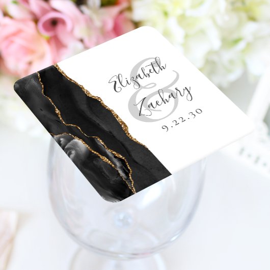 Agate Geode Script Black Gold Wedding Rechteckiger Pappuntersetzer