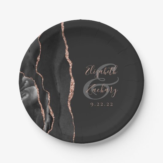 Agate Geode Script Black Rose Gold Dark Wedding Pappteller (Vorderseite)