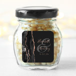 Agate Geode Script Black Rose Gold Dark Wedding Quadratischer Aufkleber<br><div class="desc">Dieser moderne Hochzeitsaufkleber ist mit einem schwarzen Aquarellfarben-Geoddesign bestickt mit Imitaten Rose Gold Glitzer. Pink-Rose auf schwarzem Hintergrund leicht anpassen,  mit den Namen der Braut und des Bräutigams in handgeschriebener Kalligrafie über einen großen grauen Ampersand.</div>