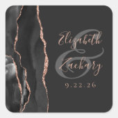 Agate Geode Script Black Rose Gold Dark Wedding Quadratischer Aufkleber (Vorderseite)