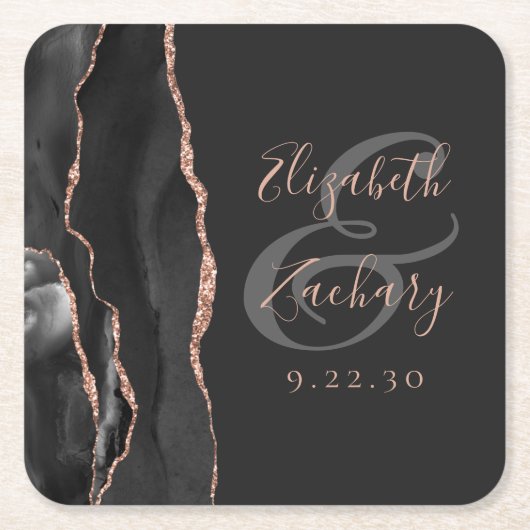Agate Geode Script Black Rose Gold Dark Wedding Rechteckiger Pappuntersetzer (Vorderseite)