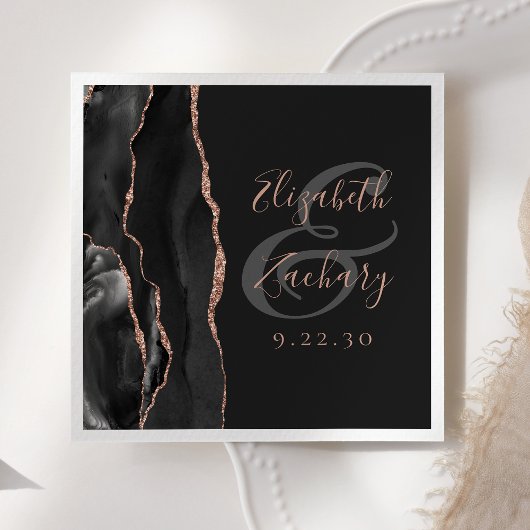 Agate Geode Script Black Rose Gold Dark Wedding Serviette