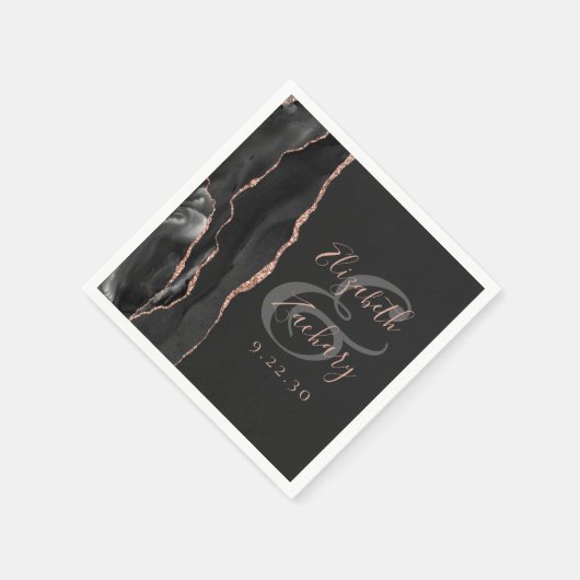 Agate Geode Script Black Rose Gold Dark Wedding Serviette (Ecke)