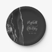 Agate Geode Script Black Silver Dark Wedding Pappteller (Vorderseite)