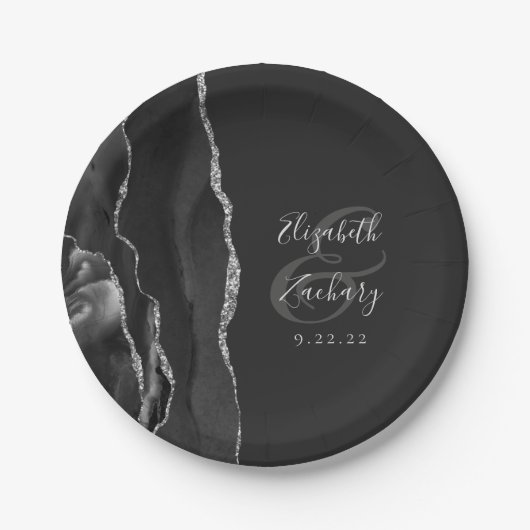 Agate Geode Script Black Silver Dark Wedding Pappteller (Vorderseite)