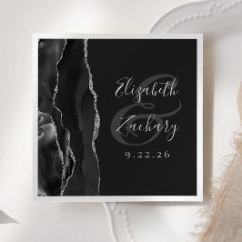 Agate Geode Script Black Silver Dark Wedding Serviette
