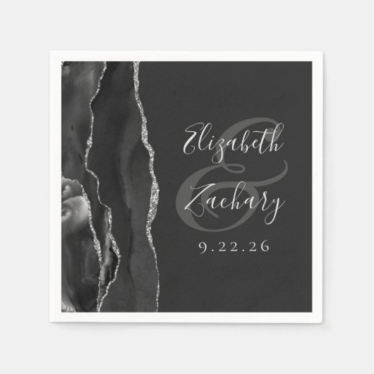 Agate Geode Script Black Silver Dark Wedding Serviette (Vorderseite)
