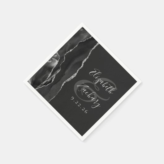 Agate Geode Script Black Silver Dark Wedding Serviette (Ecke)