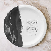 Agate Geode Script Black Silver Wedding Pappteller
