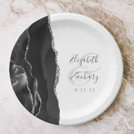 Agate Geode Script Black Silver Wedding Pappteller
