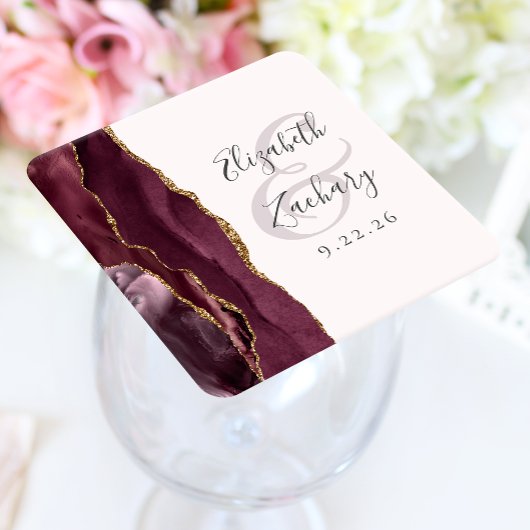 Agate Geode Script Burgundy Gold Blush Wedding Rechteckiger Pappuntersetzer