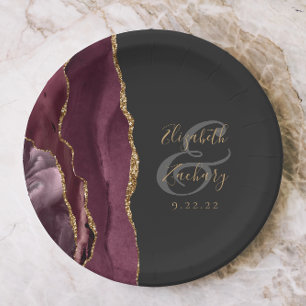 Agate Geode Script Burgundy Gold Dark Pappteller