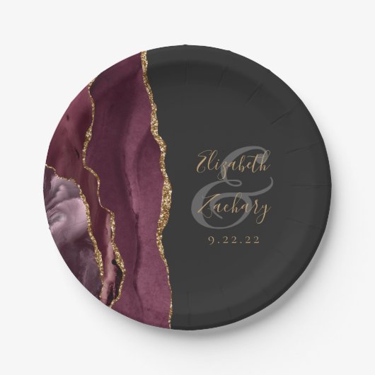 Agate Geode Script Burgundy Gold Dark Pappteller (Vorderseite)