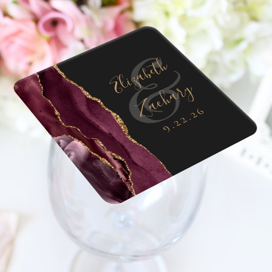 Agate Geode Script Burgundy Gold Dark Wedding Rechteckiger Pappuntersetzer