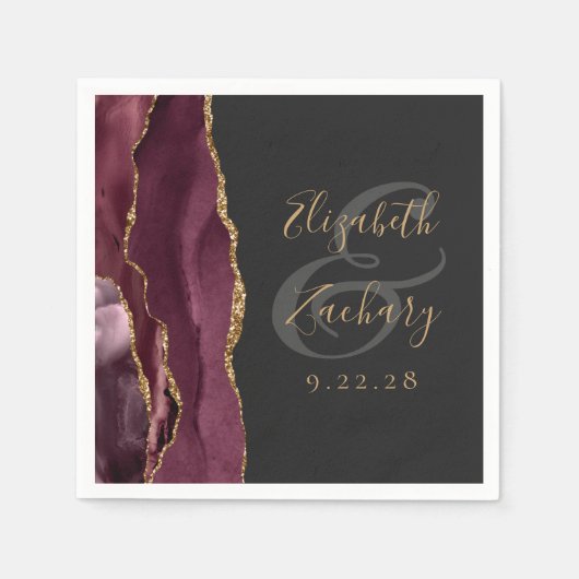 Agate Geode Script Burgundy Gold Dark Wedding Serviette (Vorderseite)