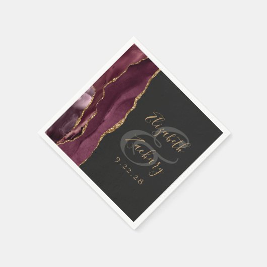 Agate Geode Script Burgundy Gold Dark Wedding Serviette (Ecke)