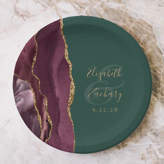 Agate Geode Script Burgundy Gold Green Pappteller